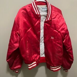 Red Satin Bomber Varsity Jacket with White Trim